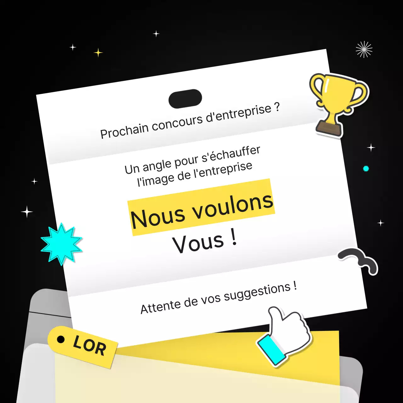 Les gagnants du slogan sont annoncés en noir et blanc avec des points bleu clair et jaunes CardNews