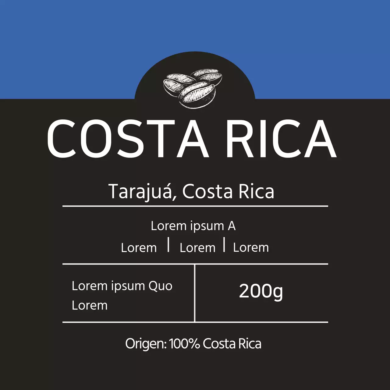 Etiqueta azul ilustrada de café en grano