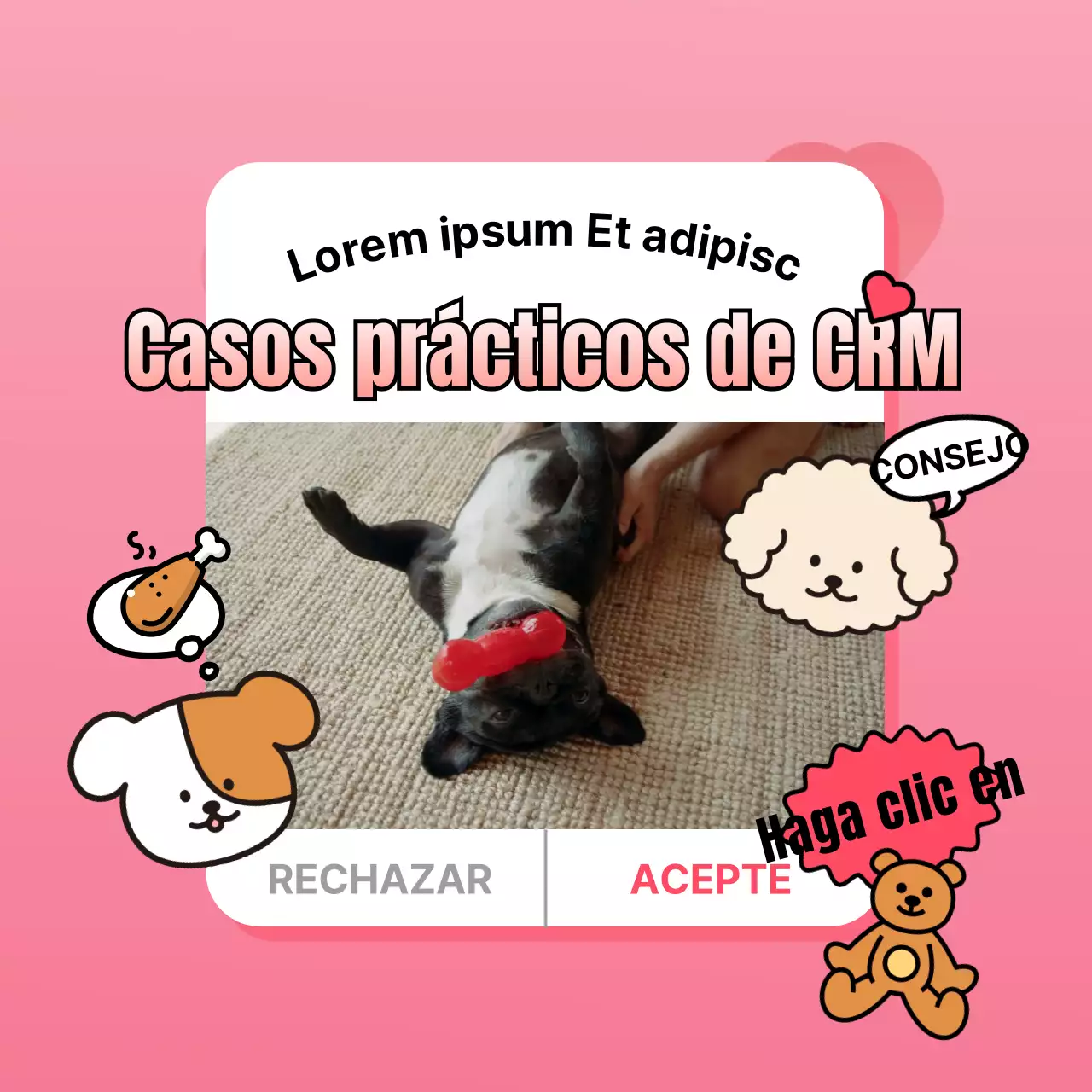 Promoción de marketing CRM con simpáticos cachorros rosas y juguetes