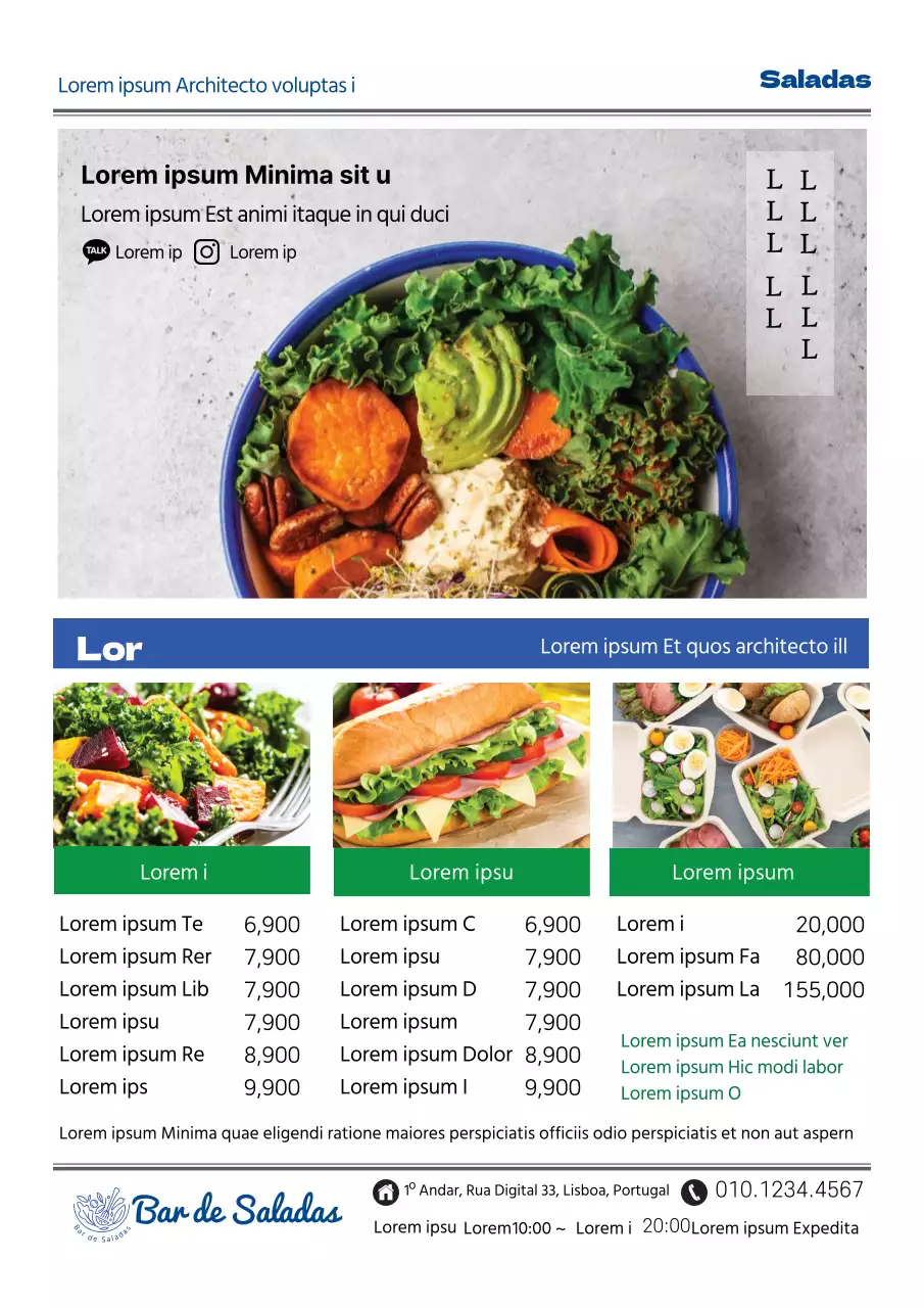 A fotografia azul realça o menu de saladas de um restaurante limpo
