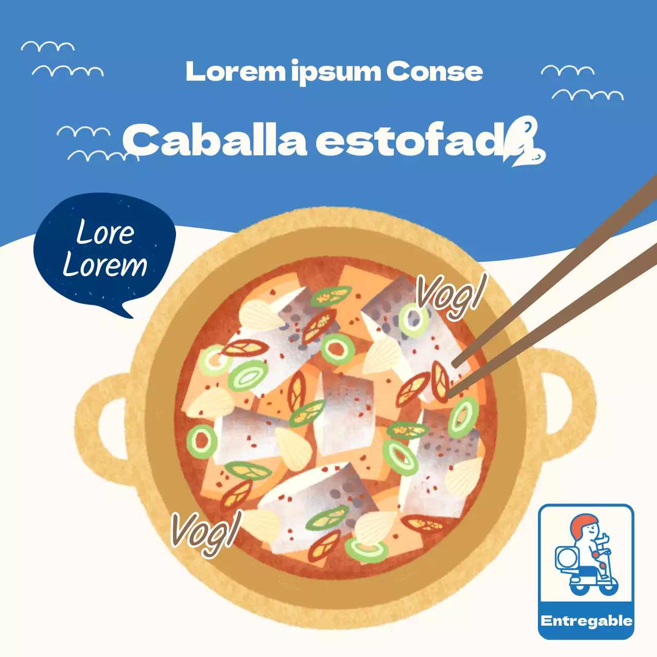 Promocione una caballa española fácil de preparar con un fondo de olas azules