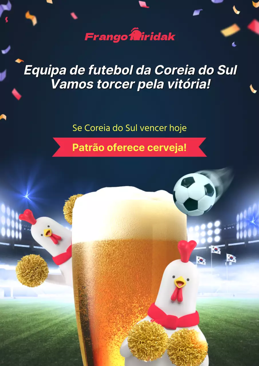 Tema de marketing de jogo de futebol com estádio de futebol vibrante amarelo-marinho e conceito de personagem de cerveja e frango