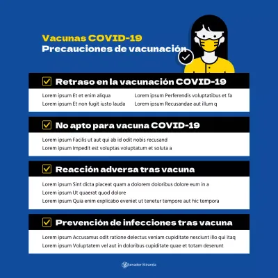 Cartel cuadrado de vacunación contra el coronavirus con ilustración y tabla en tonos azules.