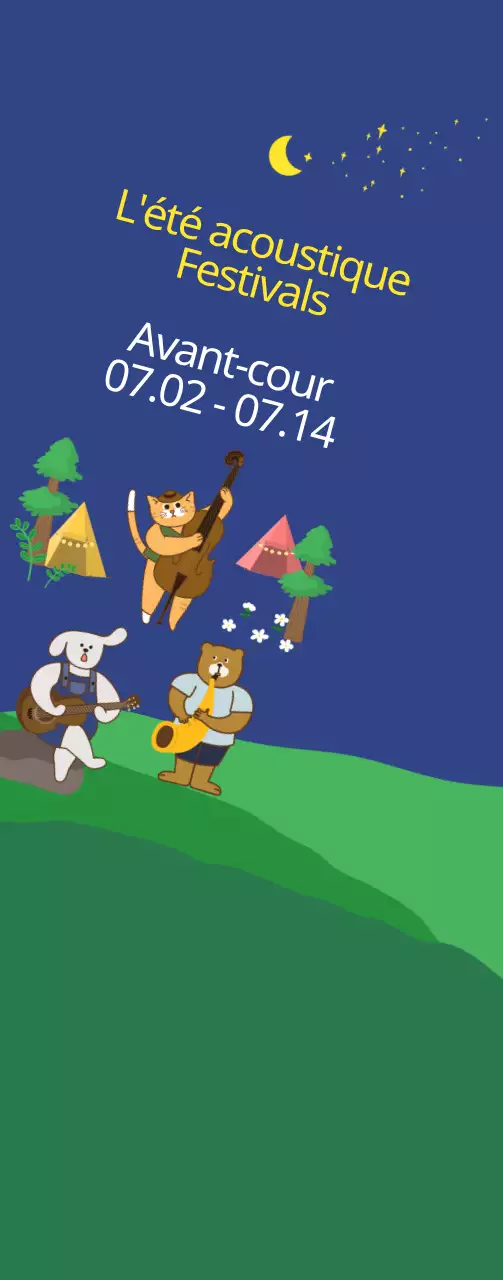 Illustration mignonne en bleu marine foncé et jaune pour l'information et la promotion des festivals acoustiques d'été.