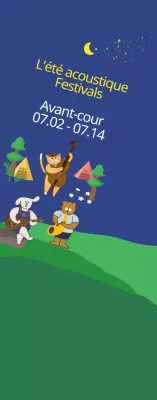 Illustration mignonne en bleu marine foncé et jaune pour l'information et la promotion des festivals acoustiques d'été.