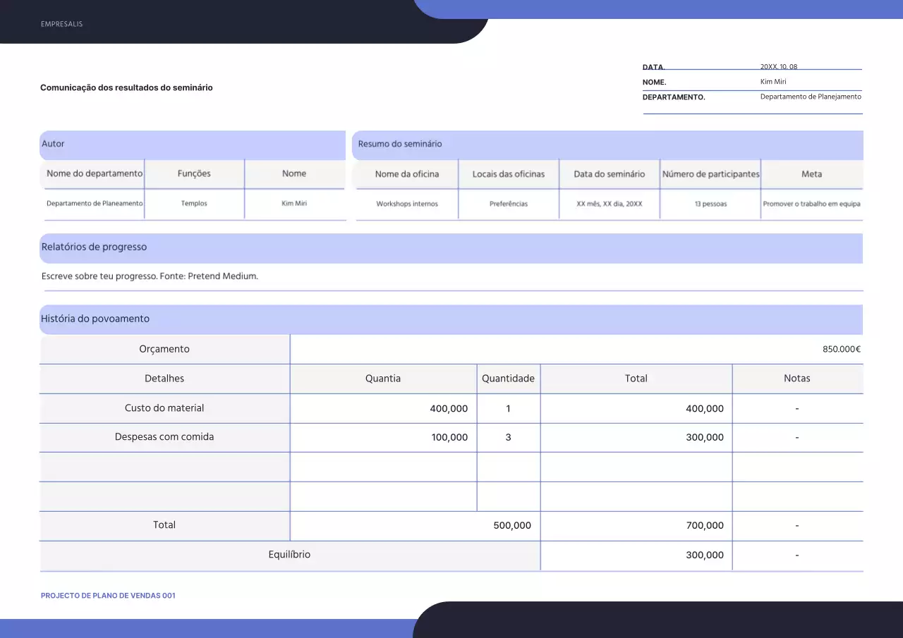 Relatório dos resultados do seminário com um conceito simples e arredondado a preto e azul