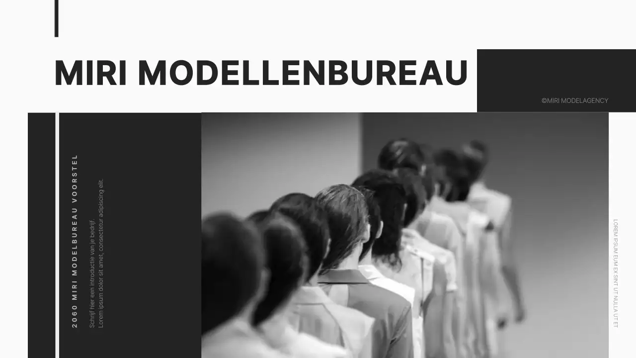Een strak en modern bedrijfsprofiel van een modellenbureau in zwart.