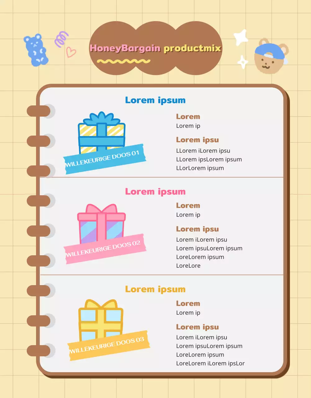 Willekeurige doos met leuk Daku briefpapier in beige en bruin