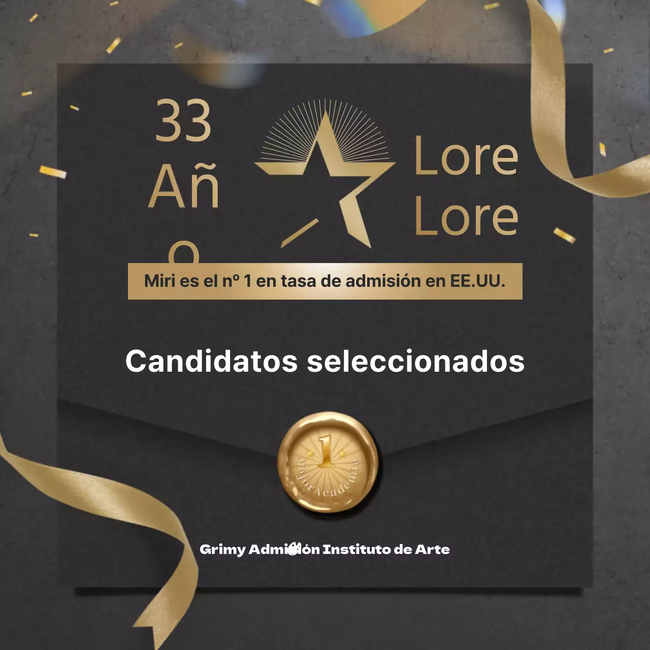 Glamour negro y dorado y temática de sobres de lujo con un concepto de lista de admitidos en una universidad de EE.UU.
