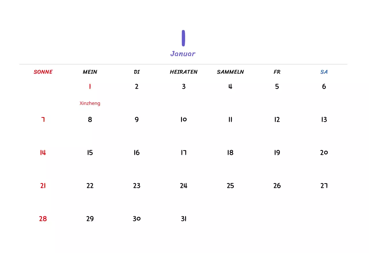 Neujahrskalender mit niedlichen Illustrationen