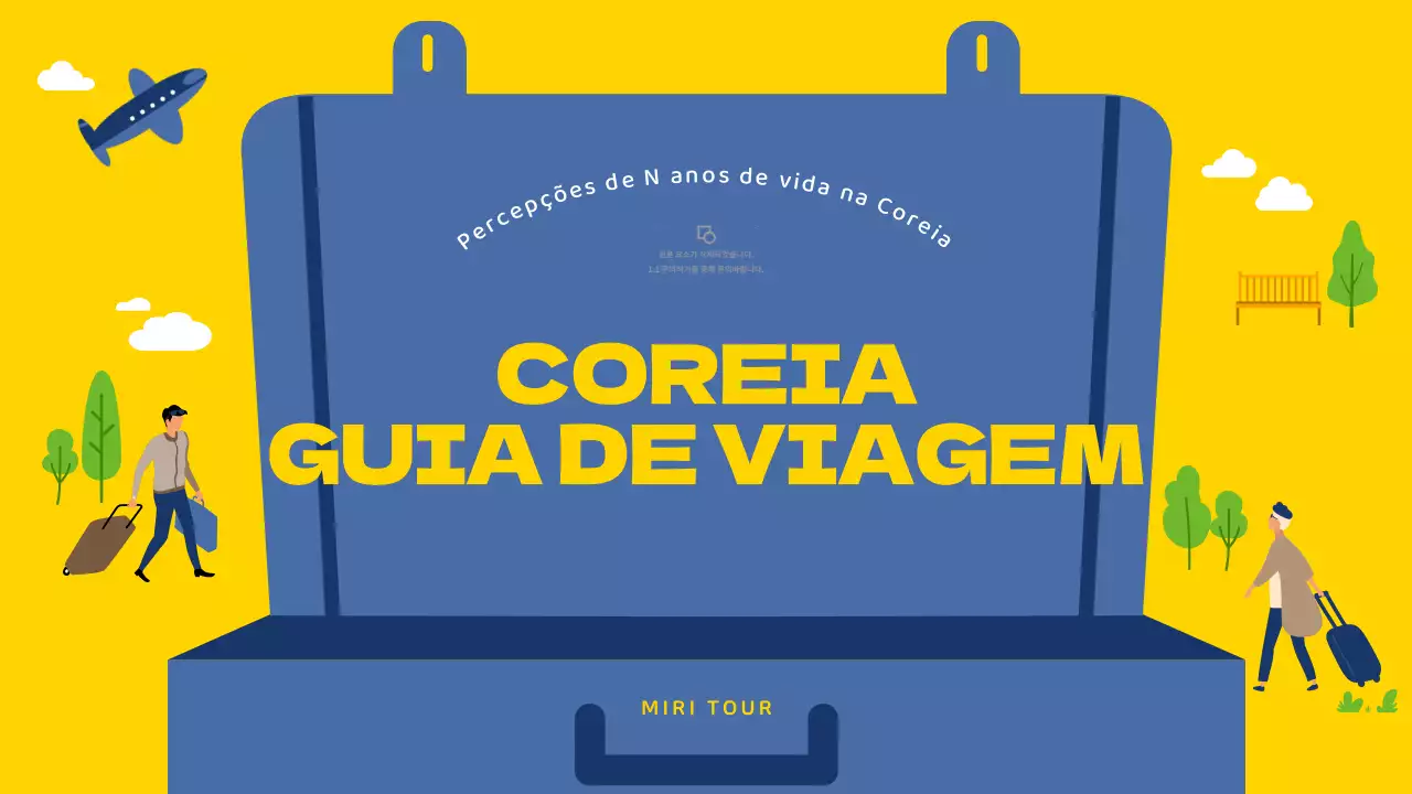 Guia de viagem ilustrado amarelo e azul para a Coreia do Sul