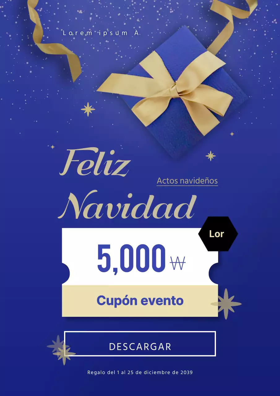 Colorido evento navideño con cajas de regalo y cupones azules