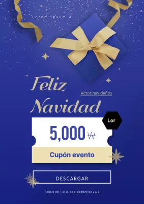 Colorido evento navideño con cajas de regalo y cupones azules