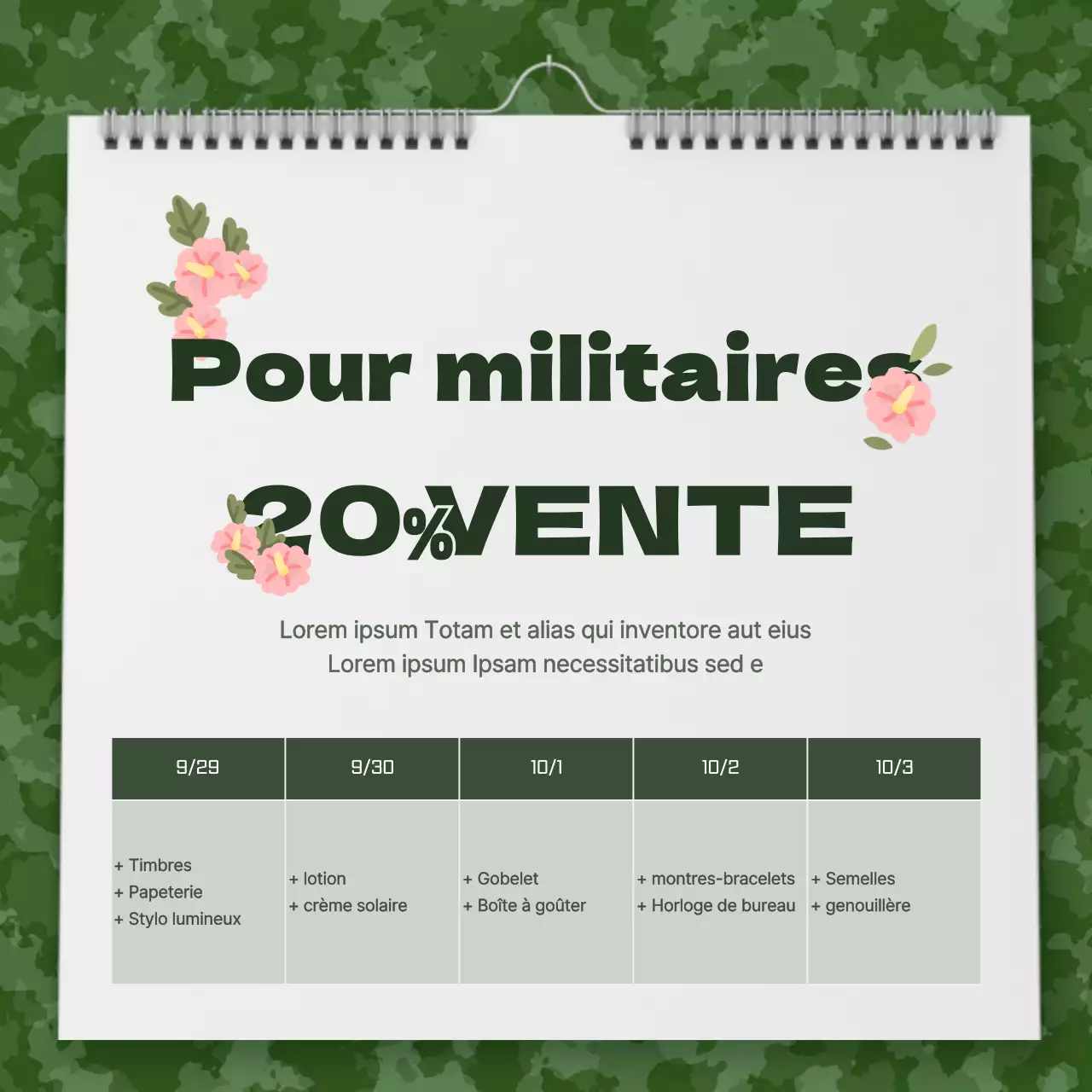 Un concept de calendrier militaire soigné pour annoncer les événements à prix réduit