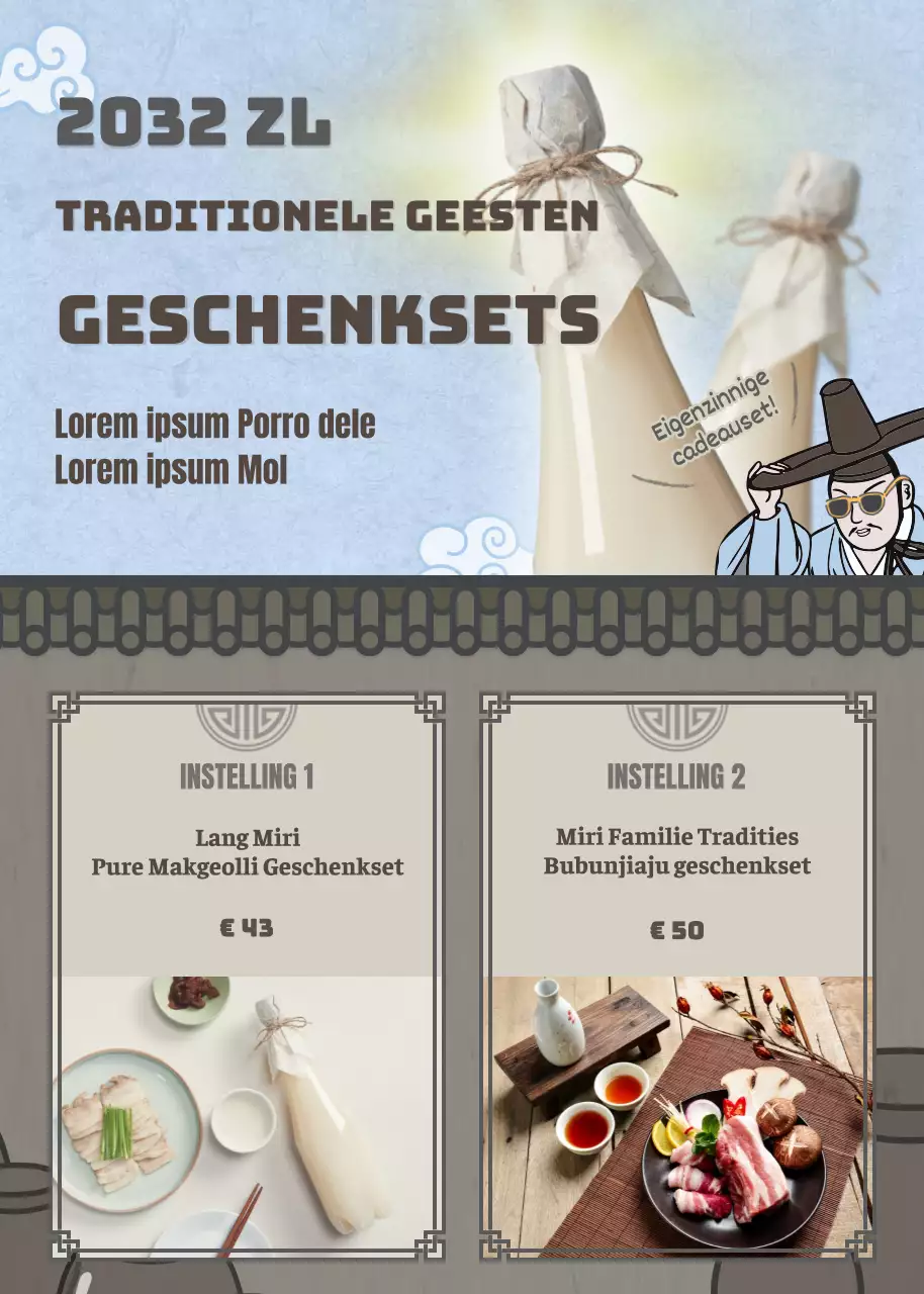 Traditioneel geïllustreerd Chinees nieuwjaarsgeschenk in lichtblauw en bruin