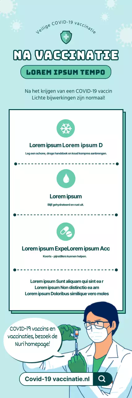 Geïllustreerde lichtblauwe en groene instructies voor vaccinatie tegen het coronavirus