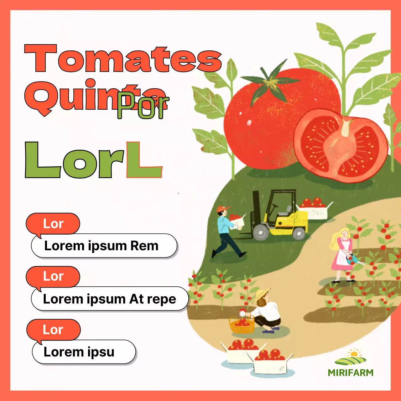 Apresentação da experiência da quinta de tomates com ilustração laranja