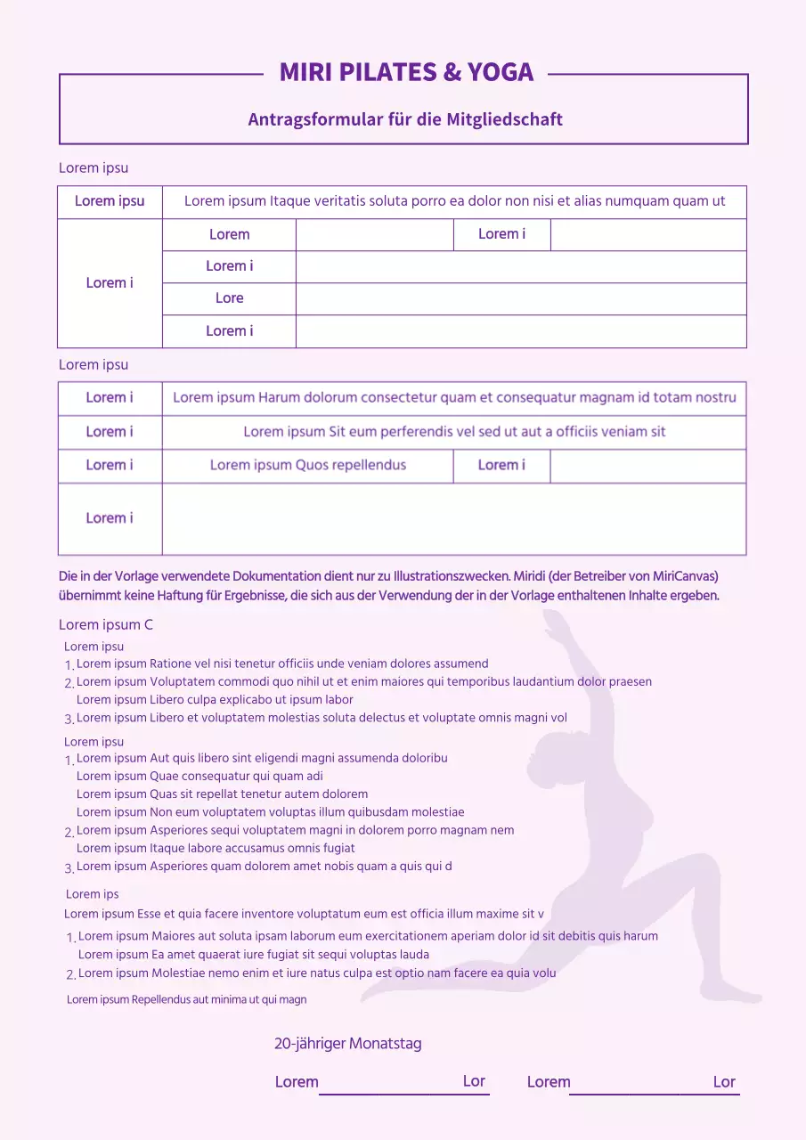 Mauve Pilates Yoga Mitgliedschaftsantragsformular Vertrag Workout Lektionen Mitgliedschaftsbedingungen und Konditionen