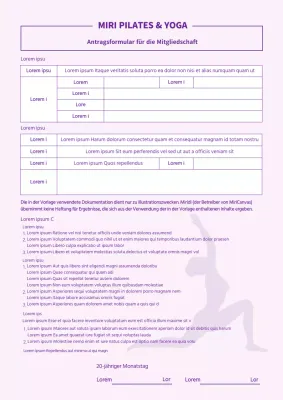 Mauve Pilates Yoga Mitgliedschaftsantragsformular Vertrag Workout Lektionen Mitgliedschaftsbedingungen und Konditionen