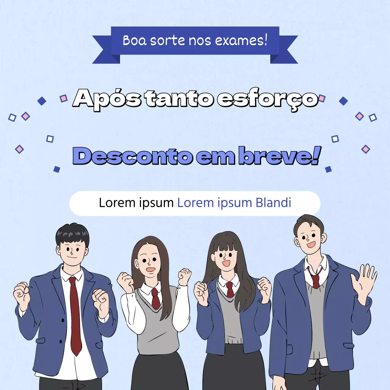 Anúncio do evento de desconto de bilhetes para exames em azul e azul claro