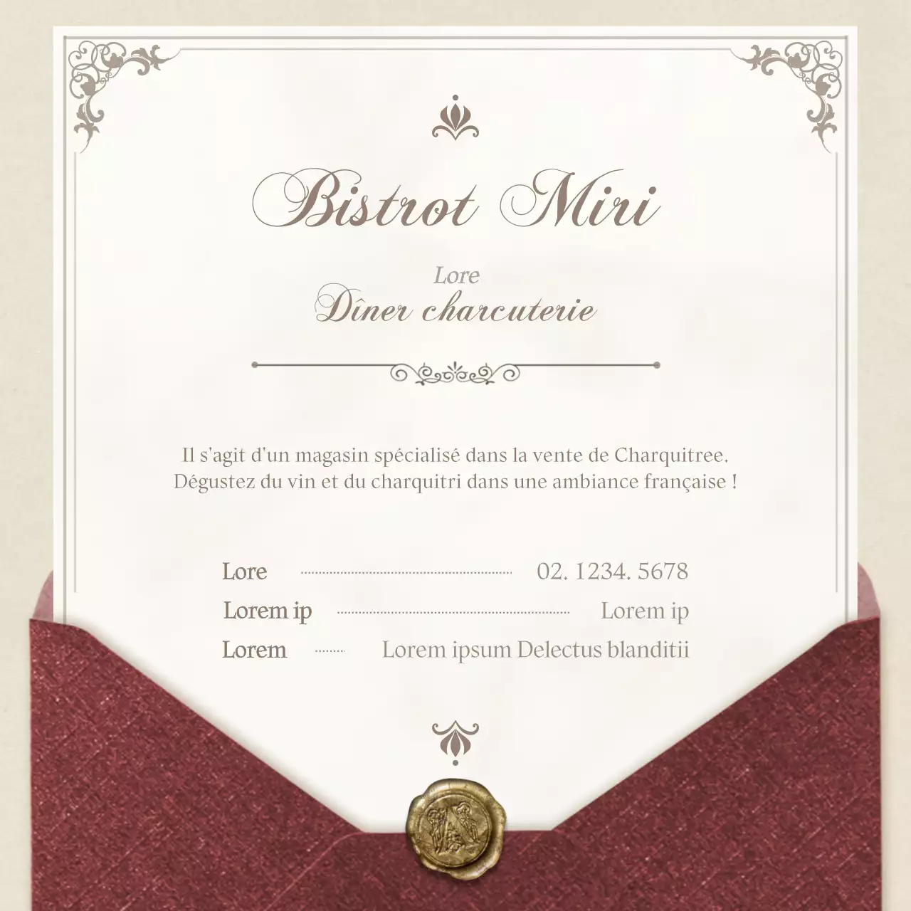 Une lettre élégante, à l'ancienne, en rouge et jaune pâle, pour une réservation de dîner de charcuterie conceptuelle.