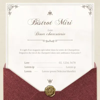 Une lettre élégante, à l'ancienne, en rouge et jaune pâle, pour une réservation de dîner de charcuterie conceptuelle.