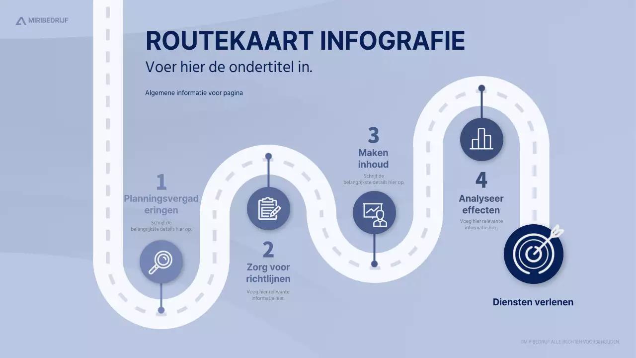 Rustige en strakke roadmap infographic in blauwe tinten