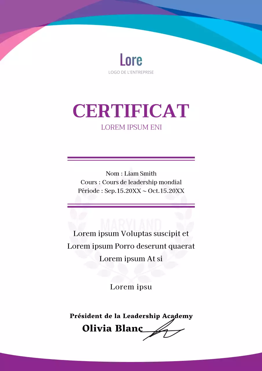 Certificat de formation d'entreprise simple avec dégradé bleu-violet