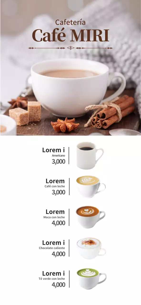 Estilo limpio en marrón y blanco para menús y promociones de cafeterías