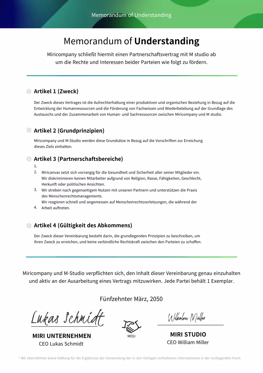 Marineblaue und grüne Steigung Geschäftsangelegenheiten MOU Partnerschaft Dokument Vereinbarung (Business-Vorlage)