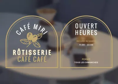 Café blanc et or de style vintage avec horaires d'ouverture