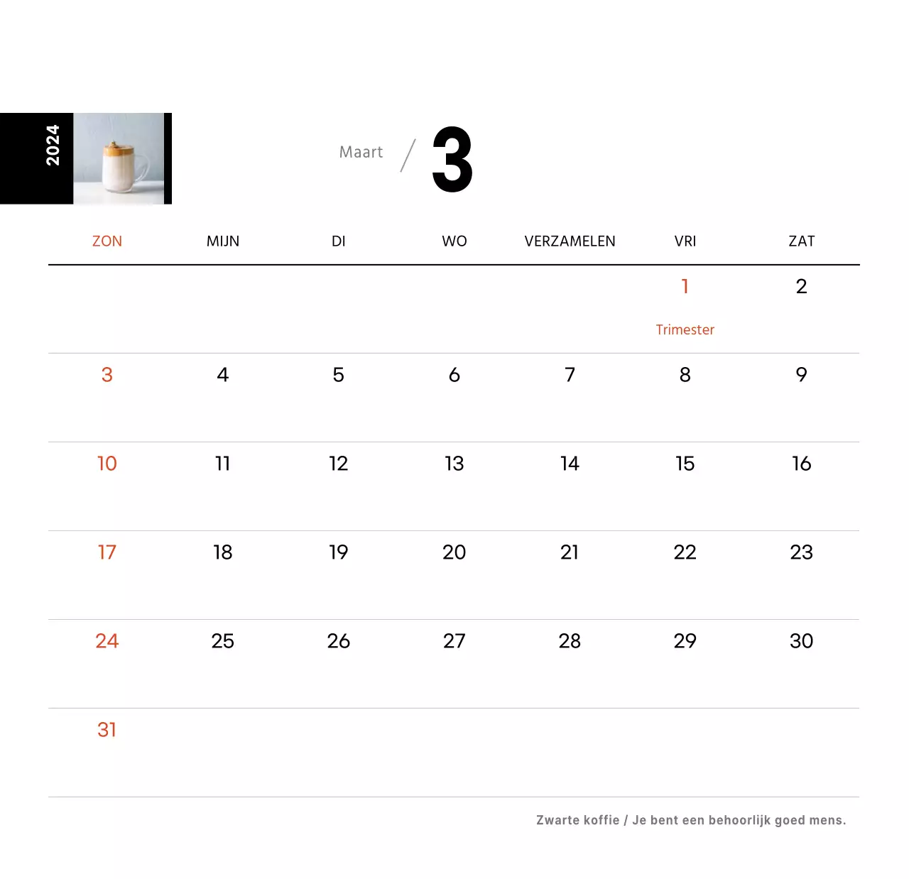 Witte eenvoudige koffie foto bureaukalender voor cafe