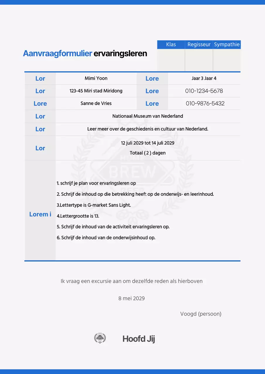 Eenvoudig blauw en wit aanvraagformulier voor ervaringsleren