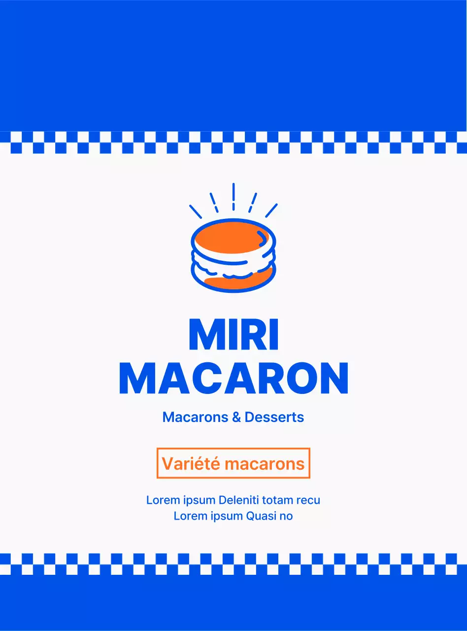 Promouvoir et informer le menu d'un concept épuré de dessert au macaron en bleu marine et blanc.