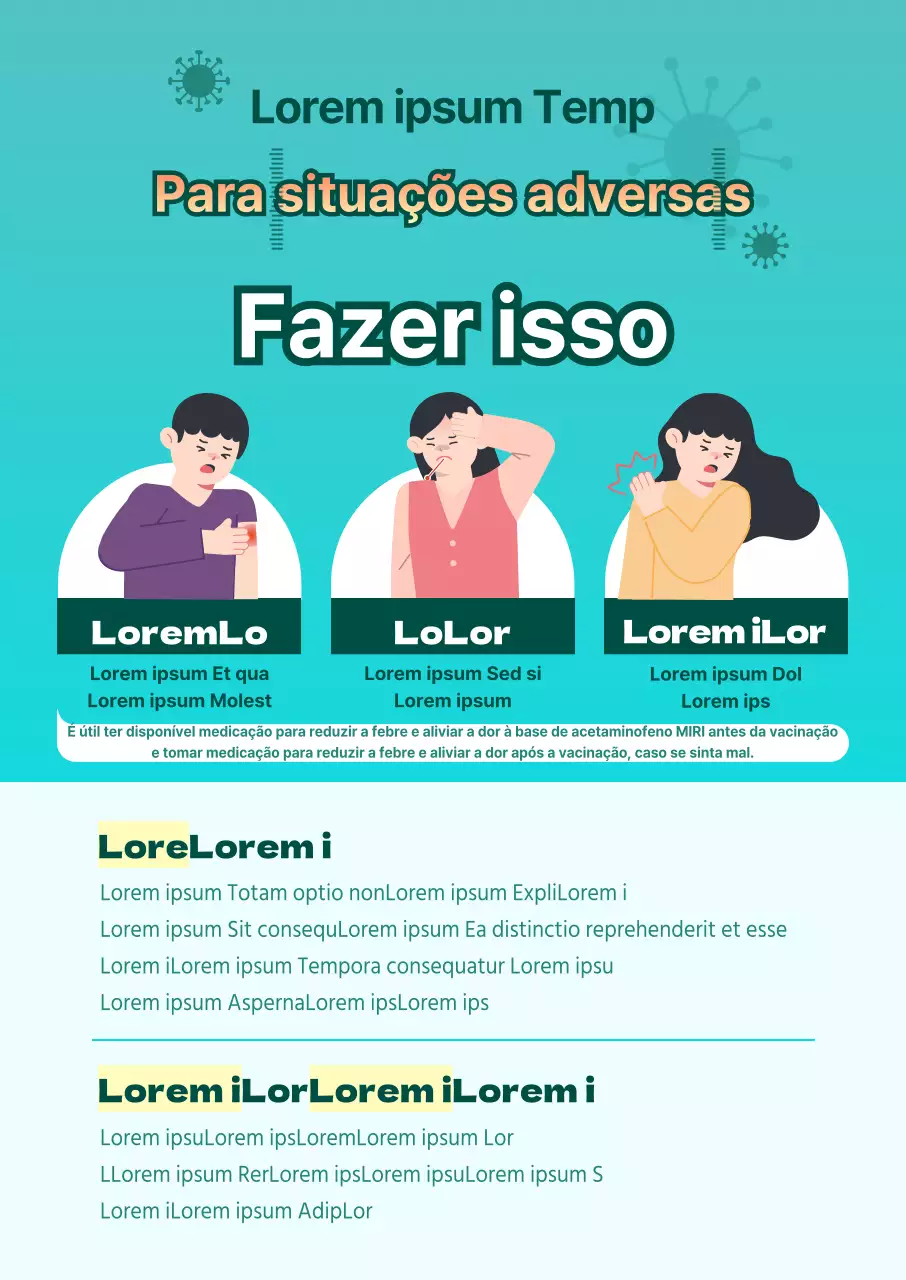 Instruções ilustradas para eventos adversos da vacina com fundo azul contrastante e texto vermelho
