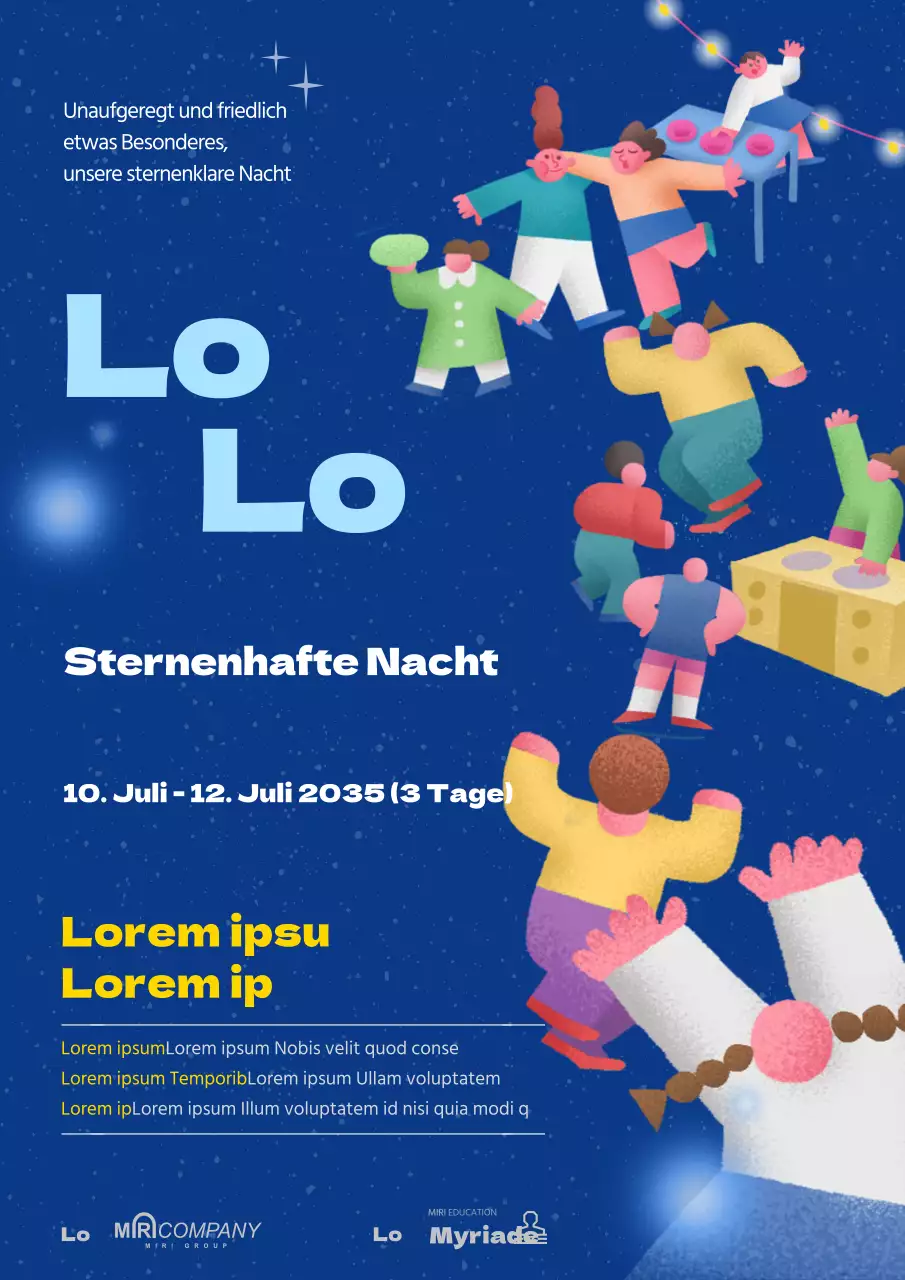 Ein ereignisloser Nachtmarkt mit niedlichen Illustrationen auf blauem Hintergrund