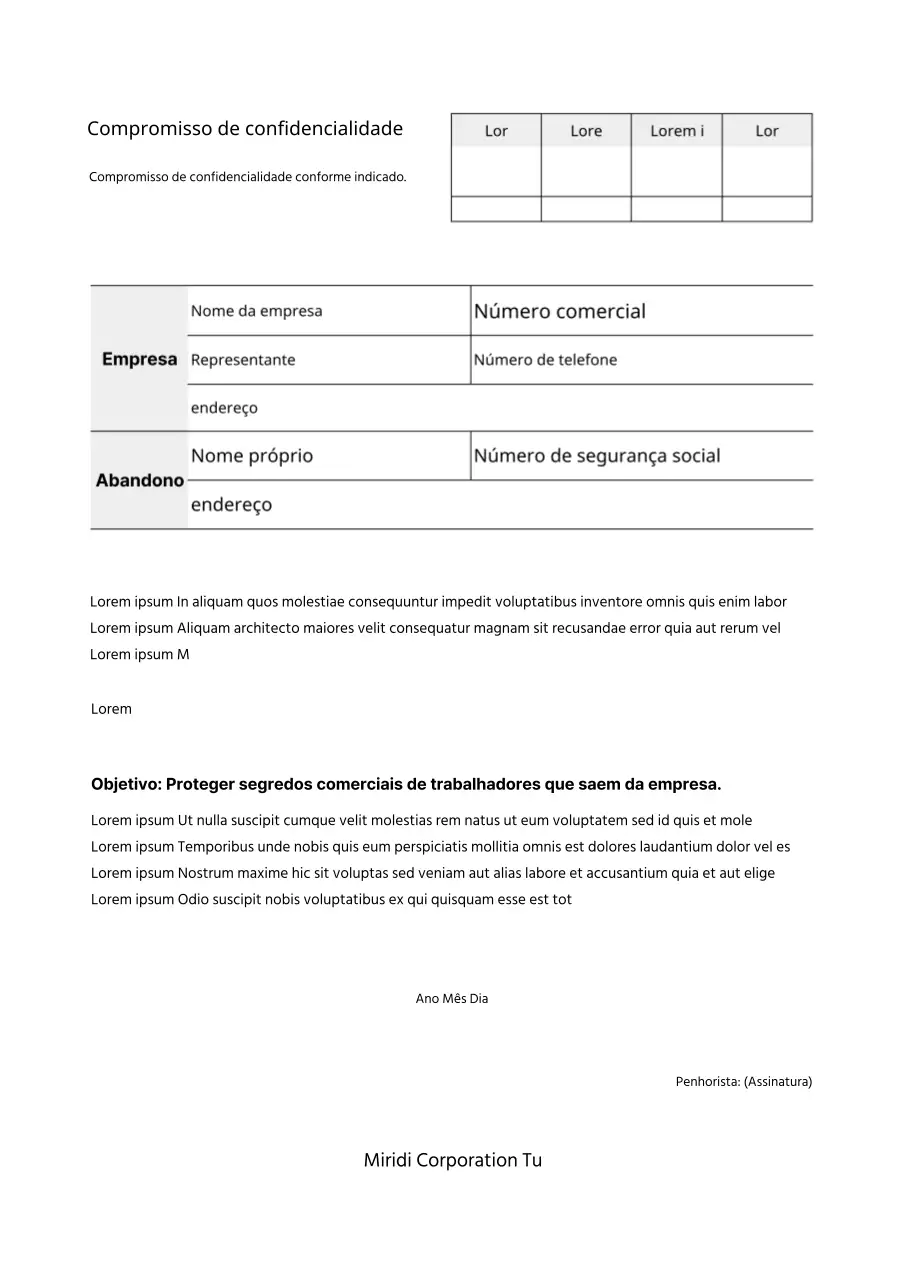 Compromisso de confidencialidade para documentos comerciais com um aspeto preto