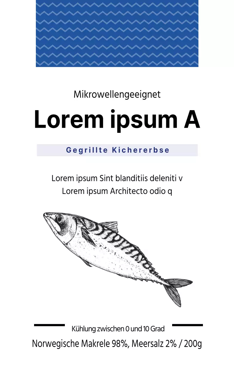 Blaues illustriertes Makrelen-Verpackungsetikett