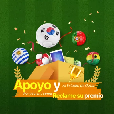 Tema del evento de animación de la Copa del Mundo con ilustraciones de premios en 3D en verde y amarillo y balones que rebotan