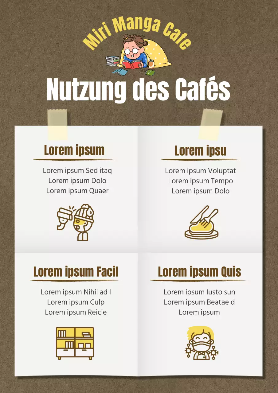 Wie man dieses niedliche braun-gelb illustrierte Manga-Café verwendet