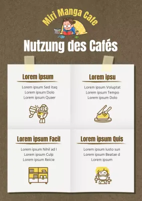 Wie man dieses niedliche braun-gelb illustrierte Manga-Café verwendet