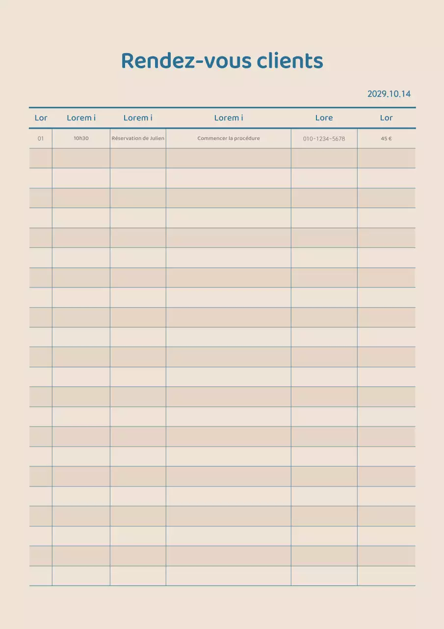 Horaire de rendez-vous pour les clients avec un concept épuré en bleu marine et beige