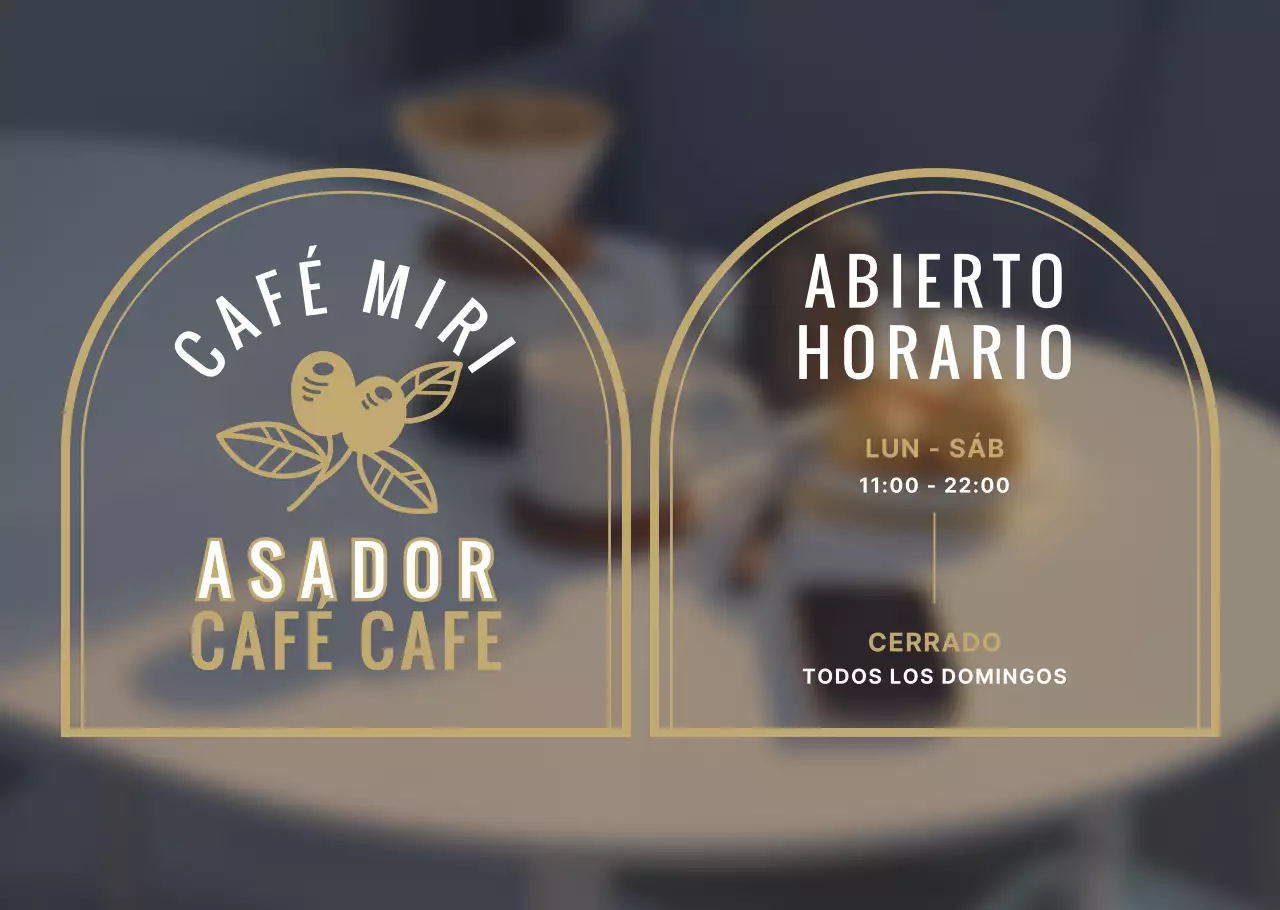 Cafetería blanca y dorada de estilo vintage con horario de apertura