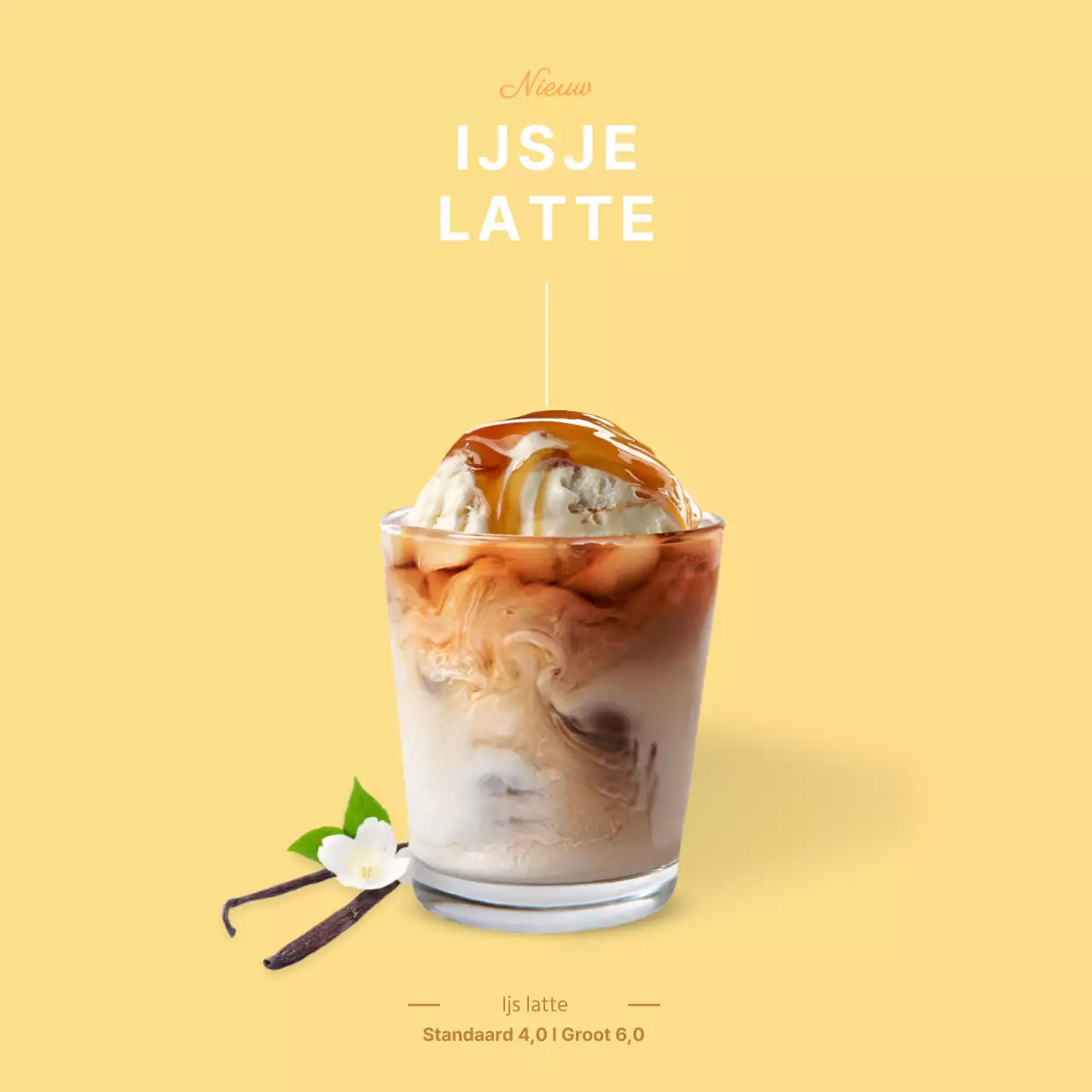 Eenvoudige gele hangende banner voor een ijs latte café