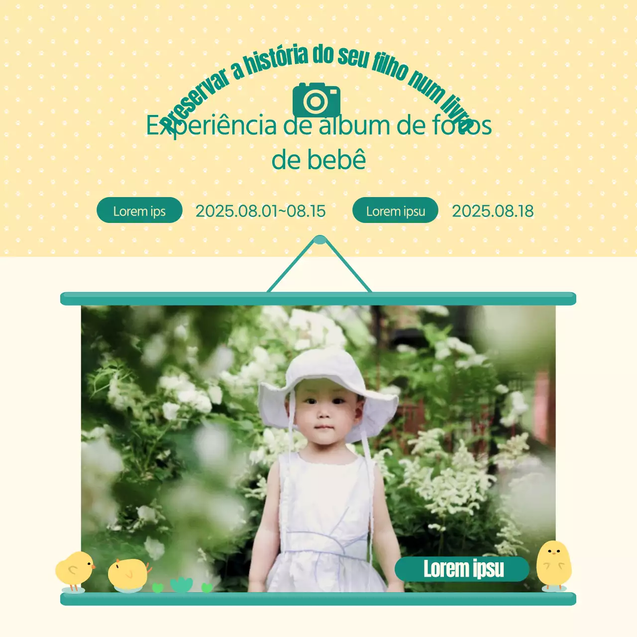 Procura-se trialista para álbum de fotografias de bebé com moldura amarela e verde