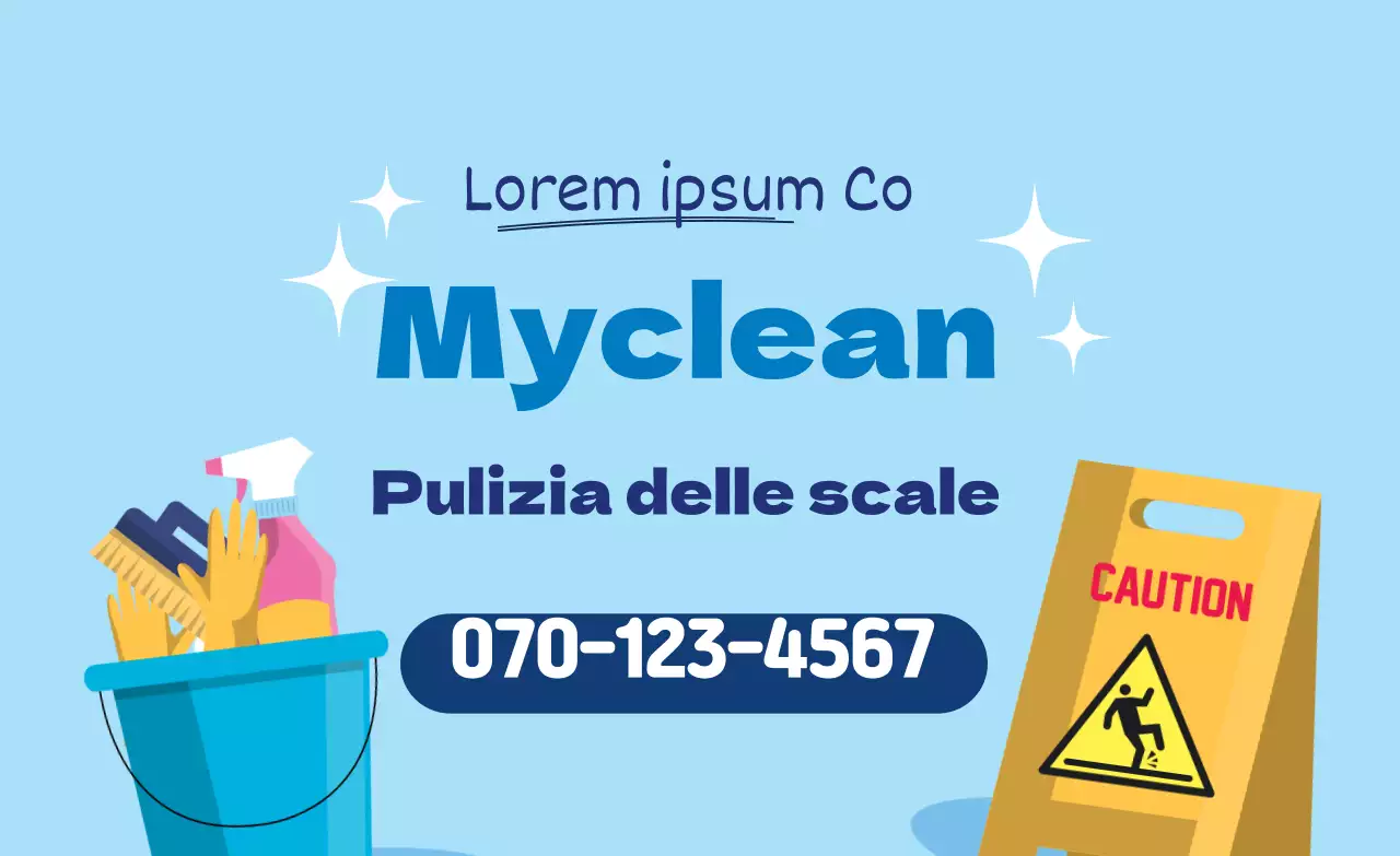 Illustrazione blu che promuove un servizio di pulizia ordinata