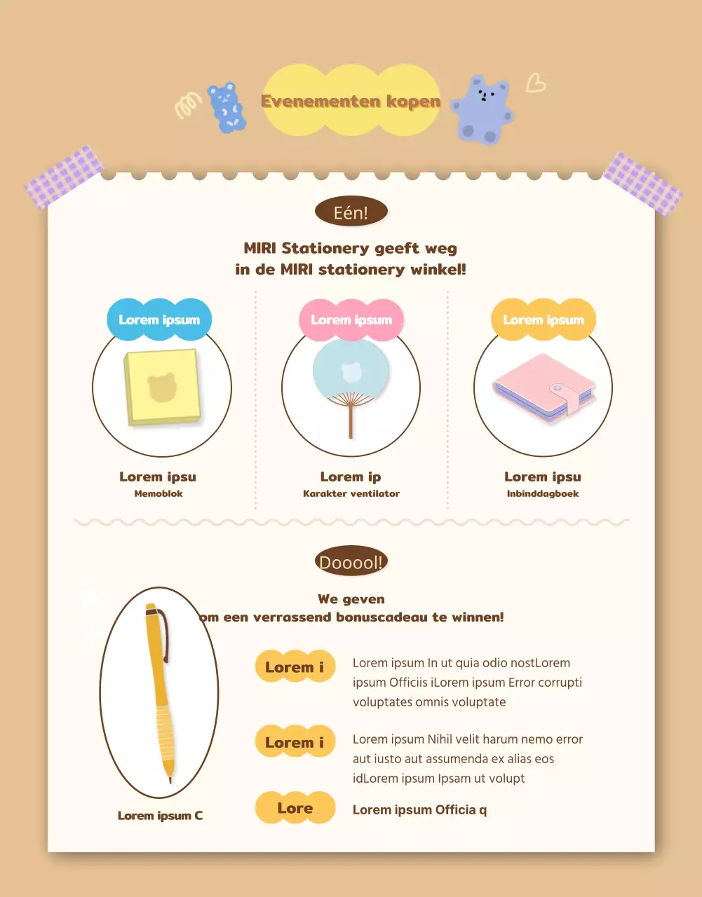 Willekeurige doos met leuk Daku briefpapier in beige en bruin