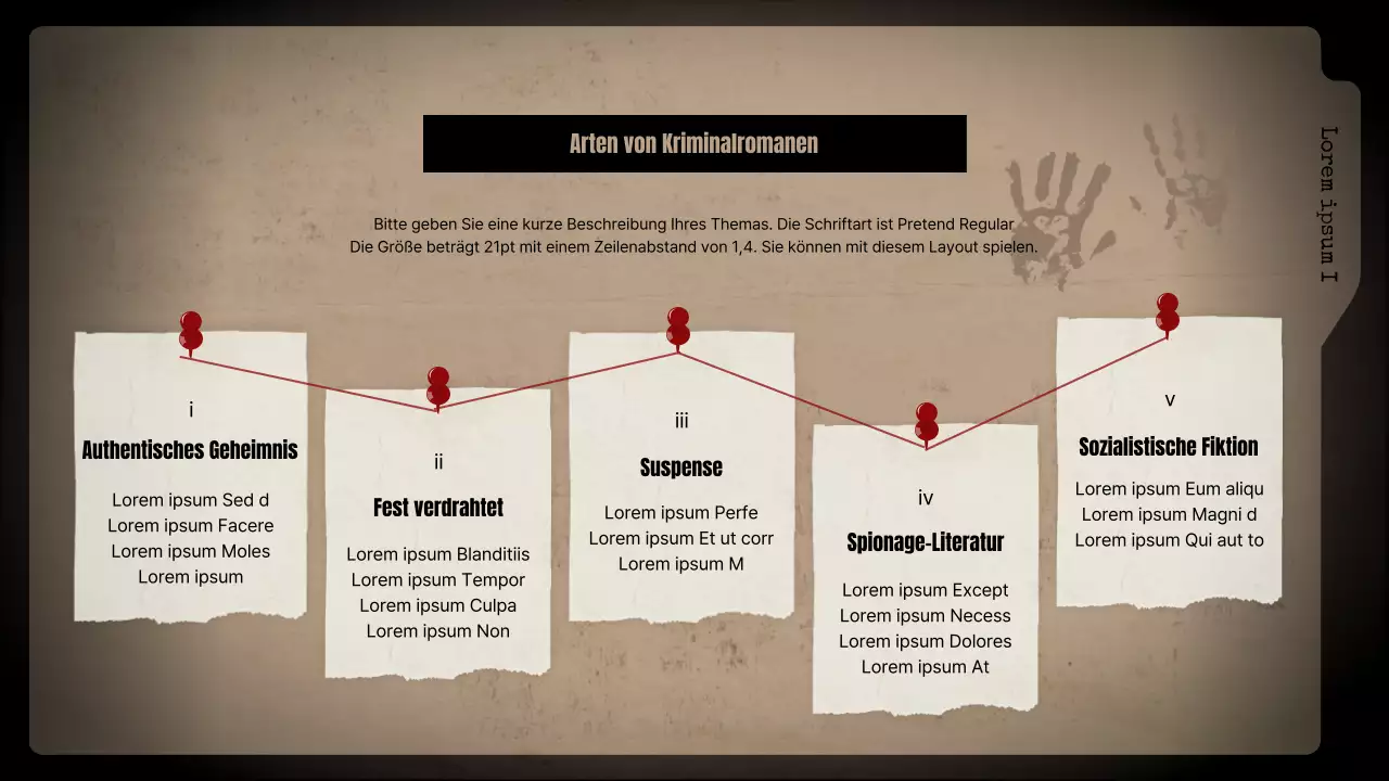 Analyse von Kriminalromanen mit schwarzem Hintergrund und braunen Aktenschränken