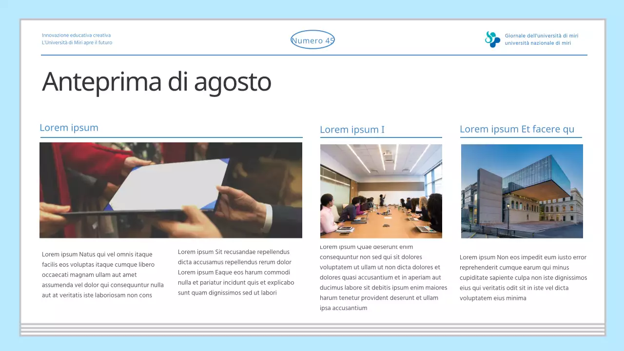 Giornale di introduzione all'università di colore azzurro semplice e di varie informazioni