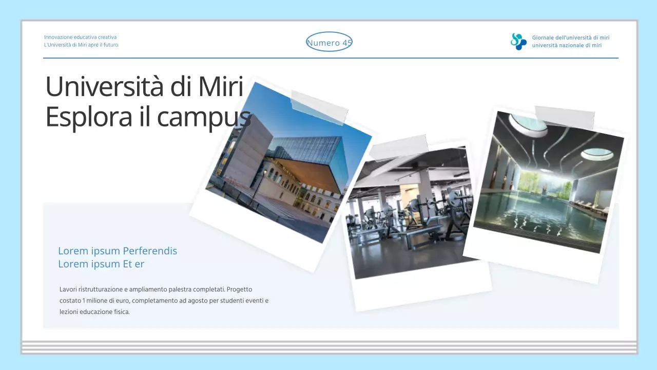 Giornale di introduzione all'università di colore azzurro semplice e di varie informazioni